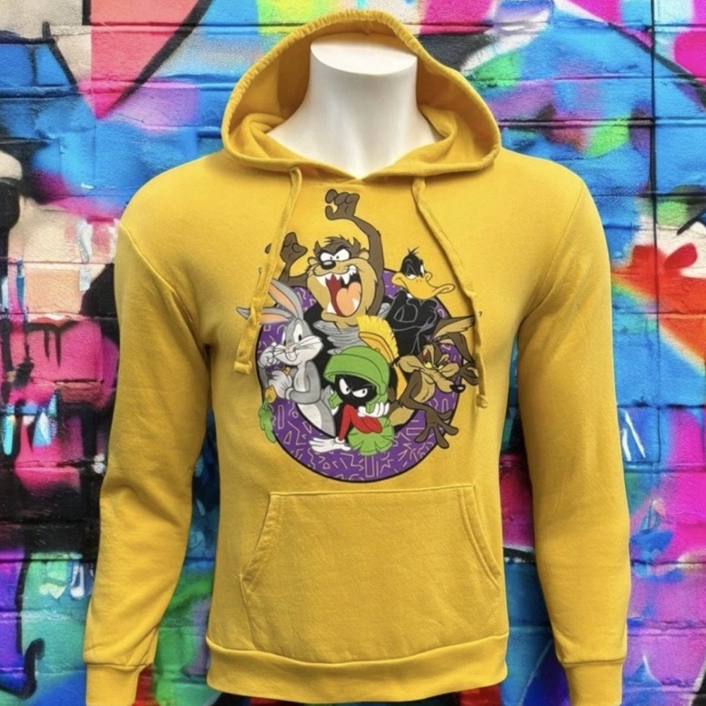 Looney Tunes Bugs Bunny Taz Daffy Duck Marvin Martian Coyote Yellow Hoodie XS